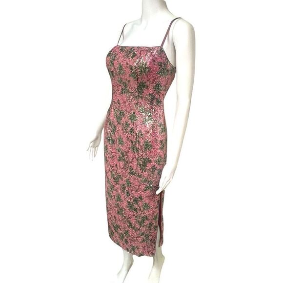 Azazie Atelier Pink Floral Sequin Adjustable Strap Side Slit Print MIDI Dress Sz - Picture 2 of 5